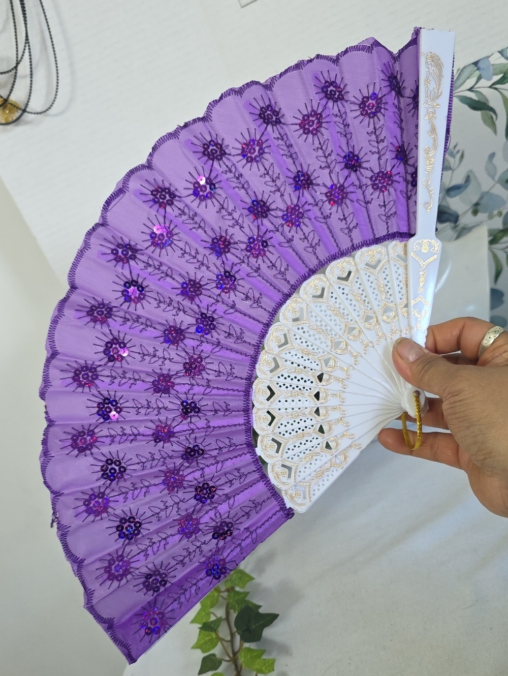 Purple And White Sequin Folding Hand Fan
